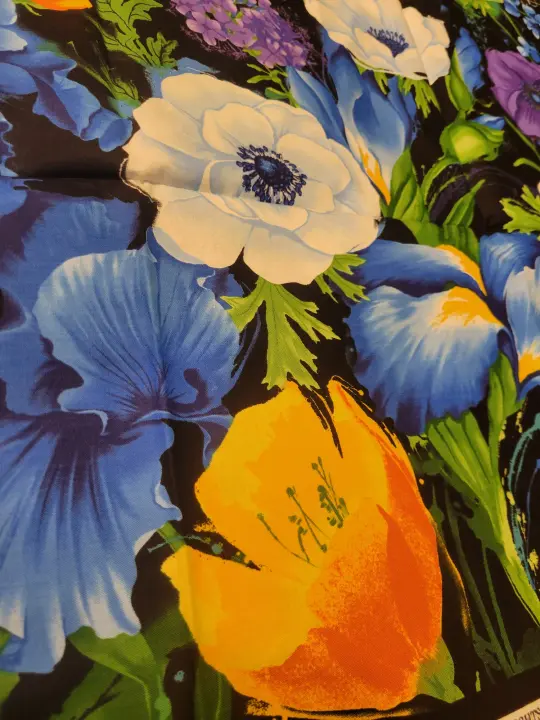 Floral Border Print Blue Yellow on Black Large Flowers-Remnant Piece 23 inches