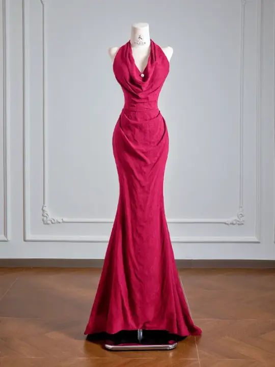 Rose pink halter neck fitted waist slimming sexy long ball gown R8149