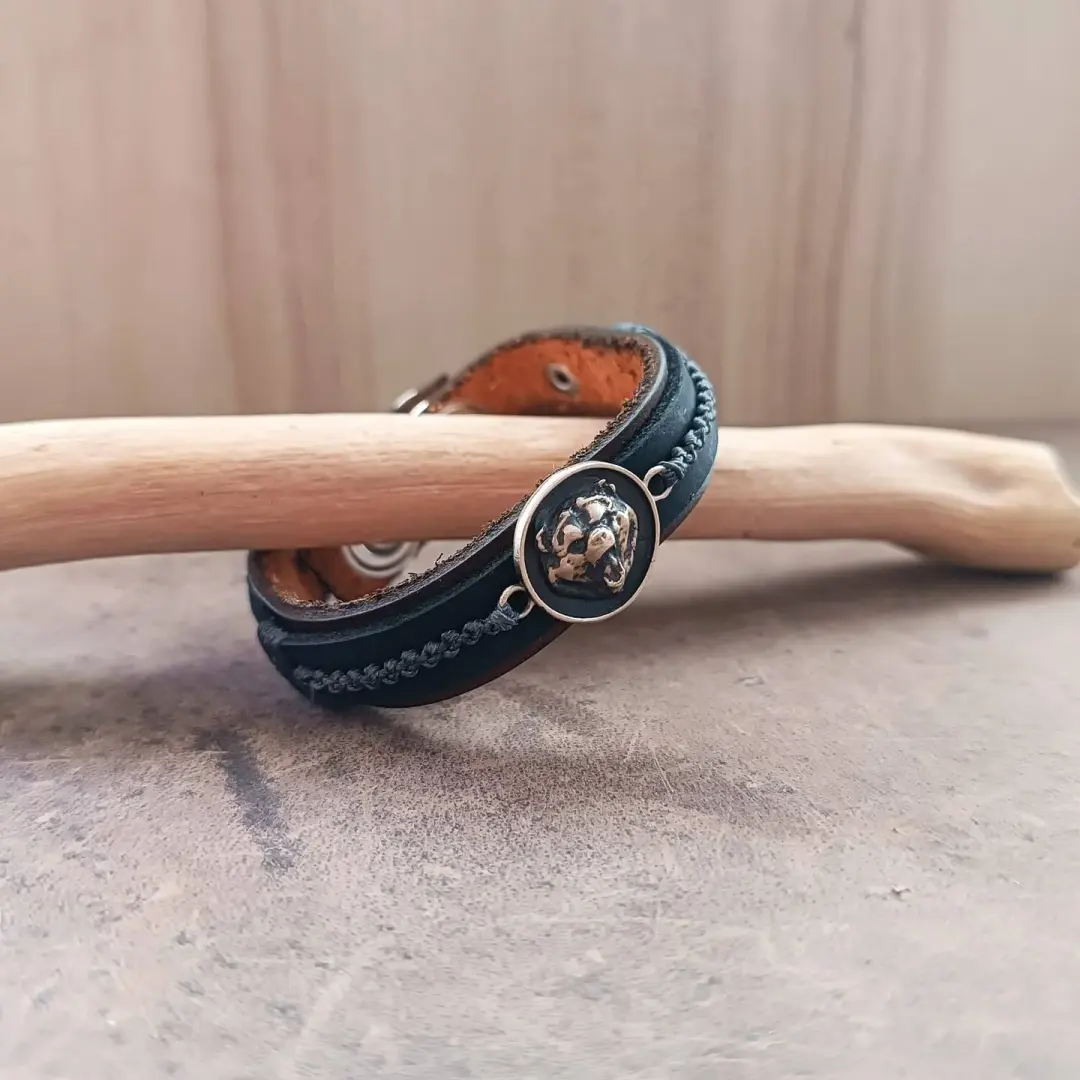 Growling Black Bear Totem Bracelet | Leather Strength & Courage Cuff