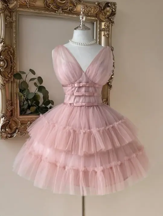 Sweet Pink A-Line V-neck Tiered Tulle Corset Mini Birthday Dress Homecoming Dress RS652