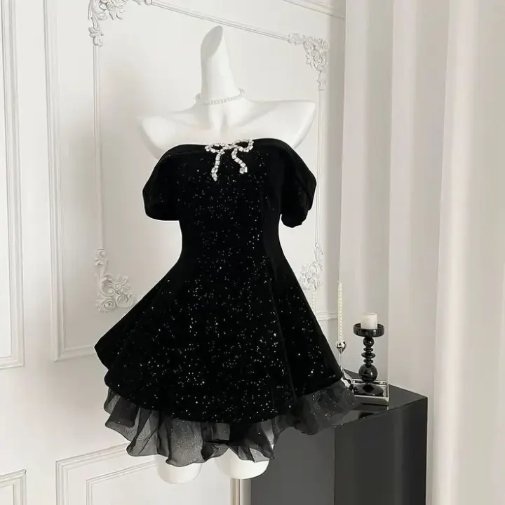 Black sequined one-shoulder waist slim A-line princess skirt homecoming dress R3547