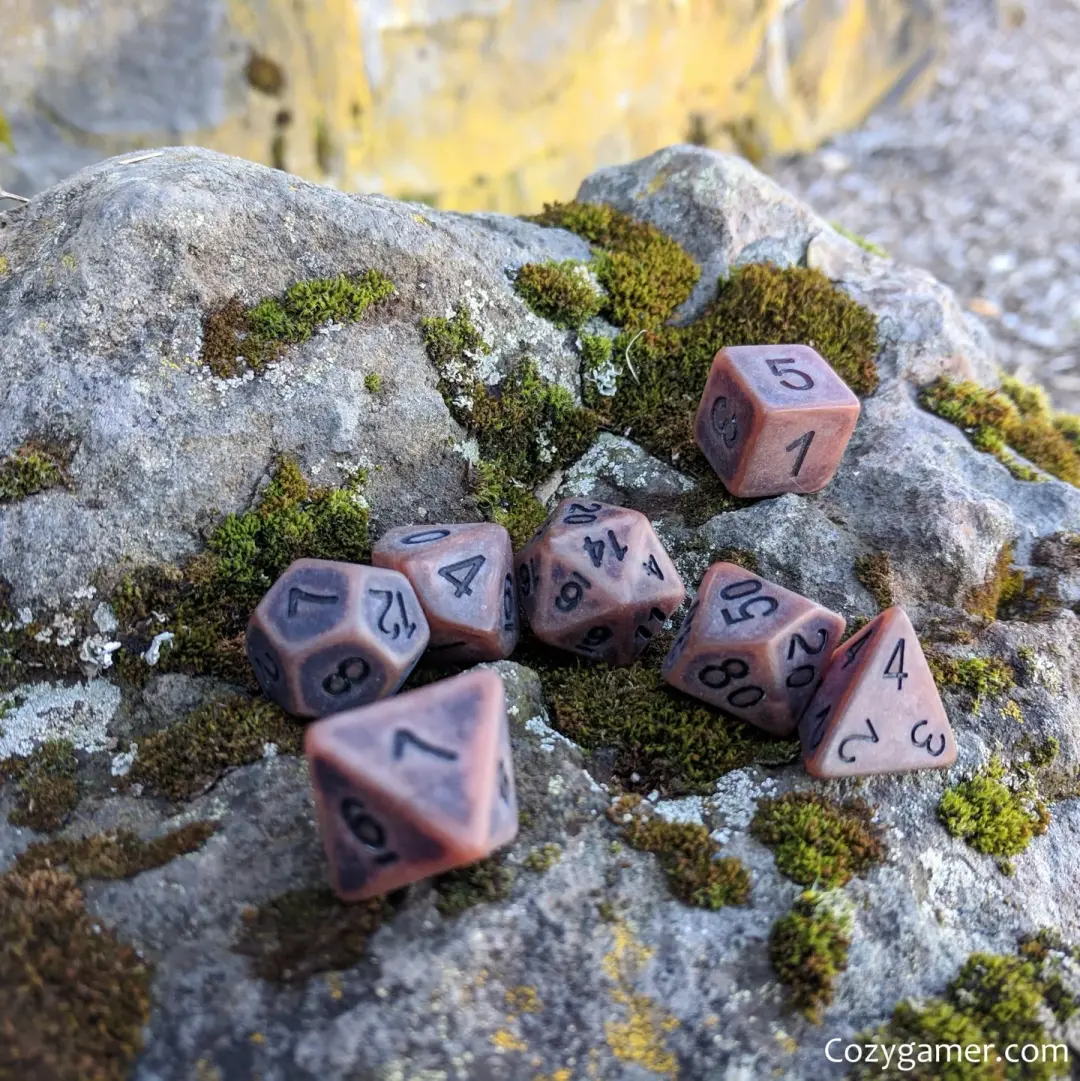 Aged Leather Dice Set – 7-Piece Matte Brown Pastel Polished Resin DnD Dice