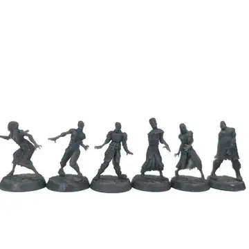 Unpainted 32mm 3D-printed zombie horde of six shambling undead in tattered rags, tabletop RPG miniatures for D&D and Pathfinder