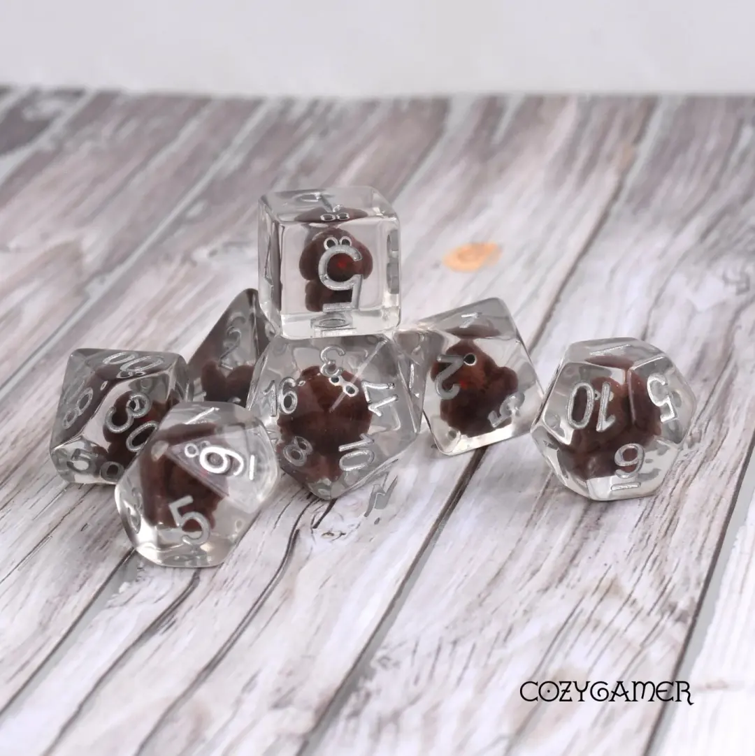 Brown Doggo Dice Set – 7-Piece Clear Resin Tiny Dogs Translucent DnD Dice
