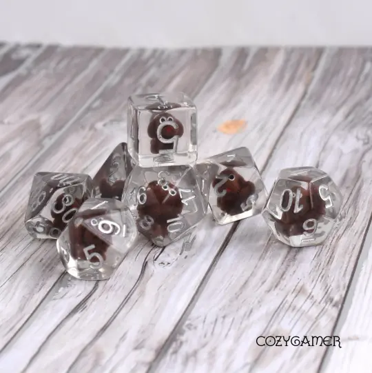 Brown Doggo Dice Set – 7-Piece Clear Resin Tiny Dogs Translucent DnD Dice