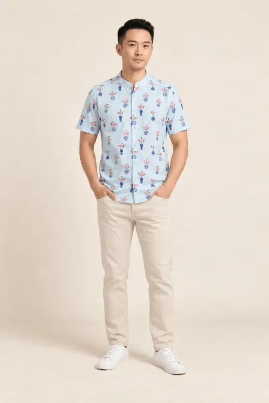 Men's Mandarin-collared Shirt - Turquoise Vases