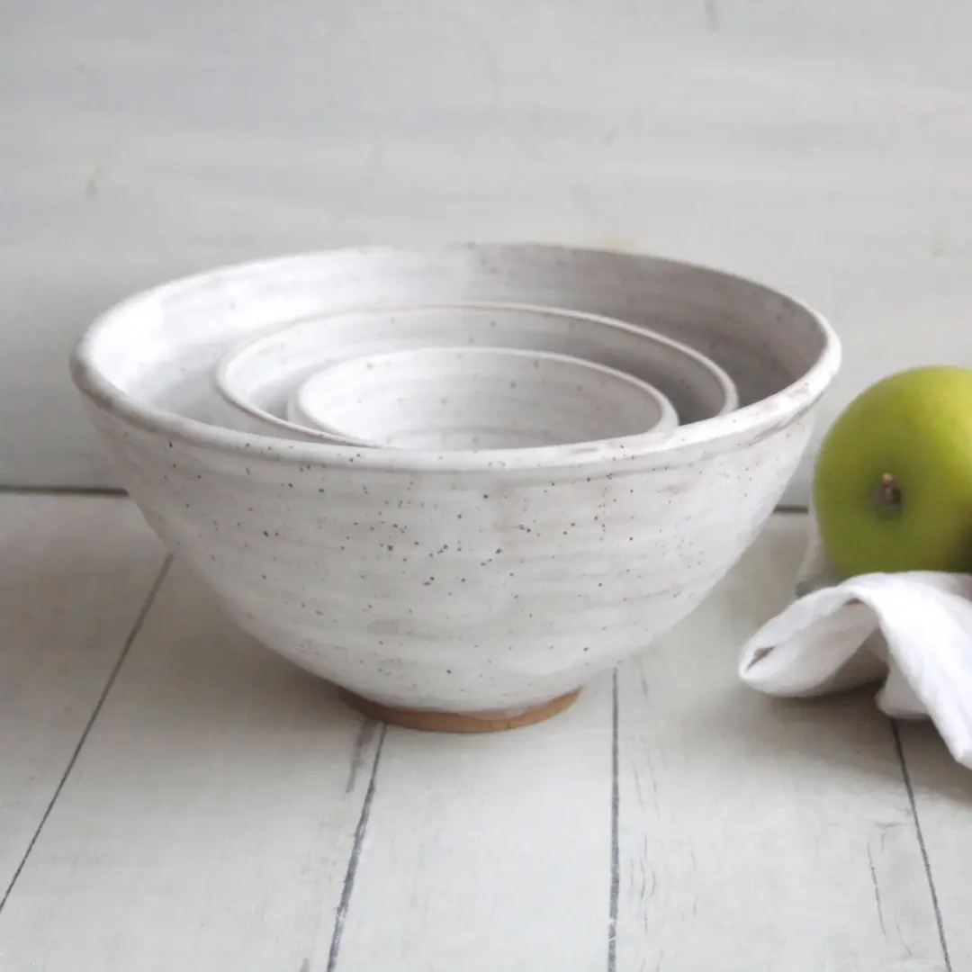 Rustic Modern Set of Three Nesting Bowls in White Matte Glaze, Speckled Pottery Made in USA