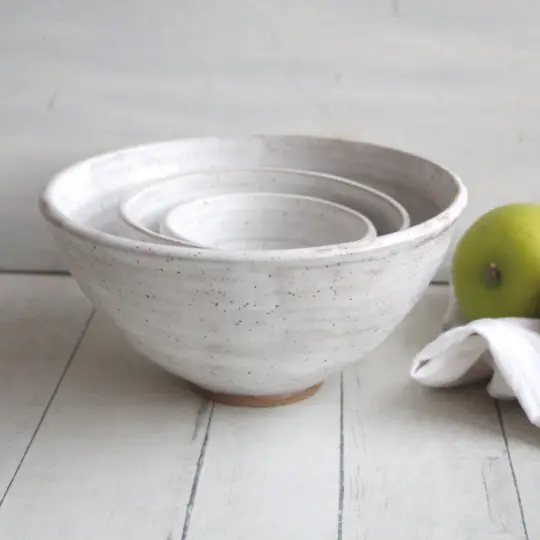 Rustic Modern Set of Three Nesting Bowls in White Matte Glaze, Speckled Pottery Made in USA