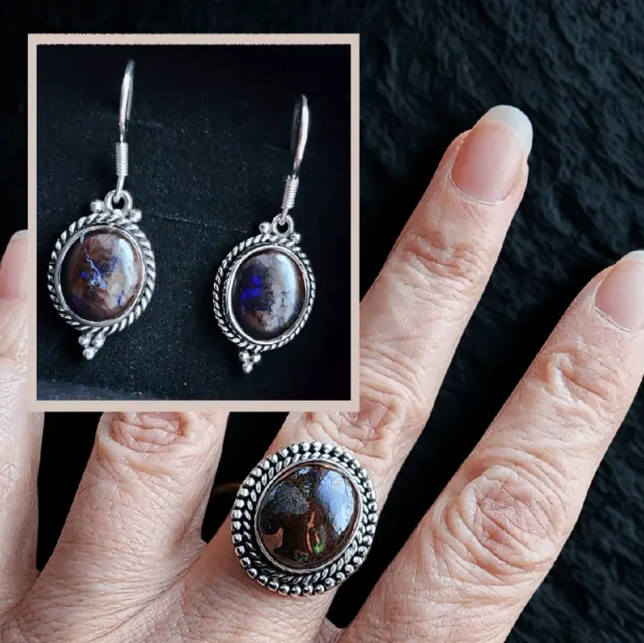 Queens Armour Boulder Opals in Sterling Silver - Ring & Earrings Set