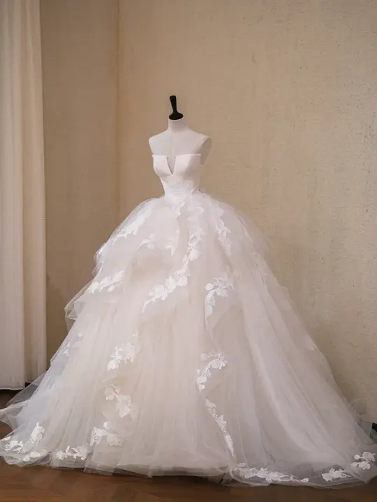 White tube top waist fluffy tulle skirt bridal dress R5708