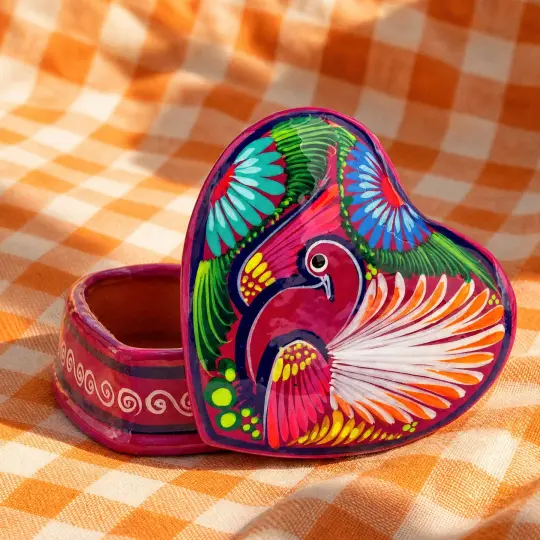 Hand-Painted Xalitla Clay Heart Trinket/Jewelry Box
