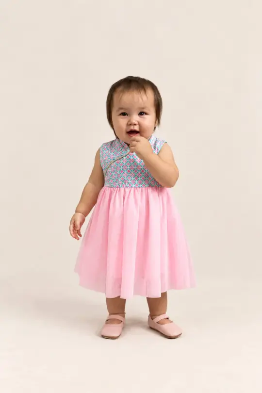 Flare Tulle Cheongsam - Pink Teal Mosaic