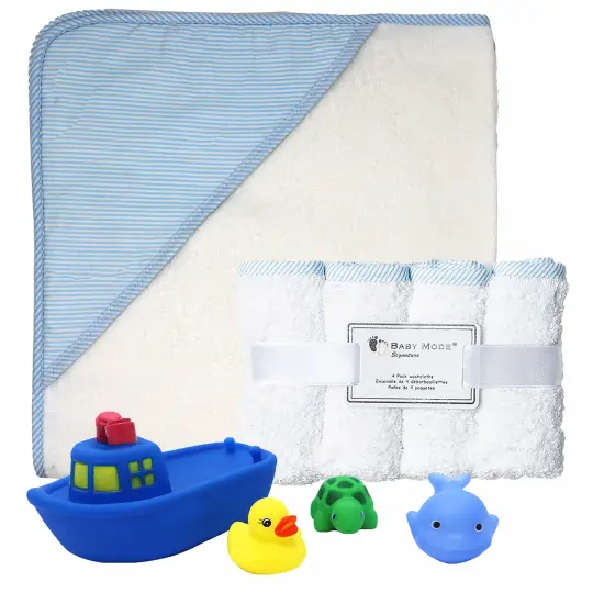 Baby Mode Baby Bath Towel, Washcloths with Bath Toys Gift Set, Blue