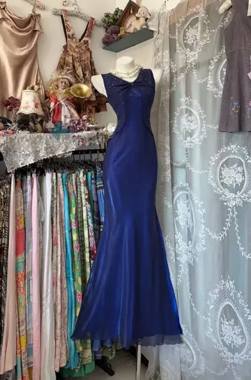Dark blue sleeveless fitted waist bodycon mermaid long ball gown R7593