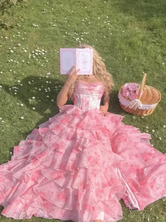Sweet Pink Ruffleed A-Line Strapless Corset Maxi Prom Dress Quinceanera Dress RS603