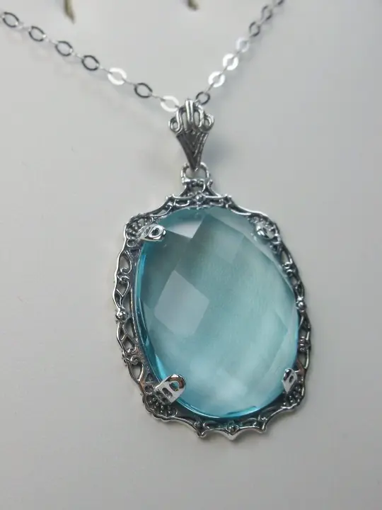 Aquamarine Sky-Blue Pendant, Victorian Reproduction Pendant Necklace, Bubble P10