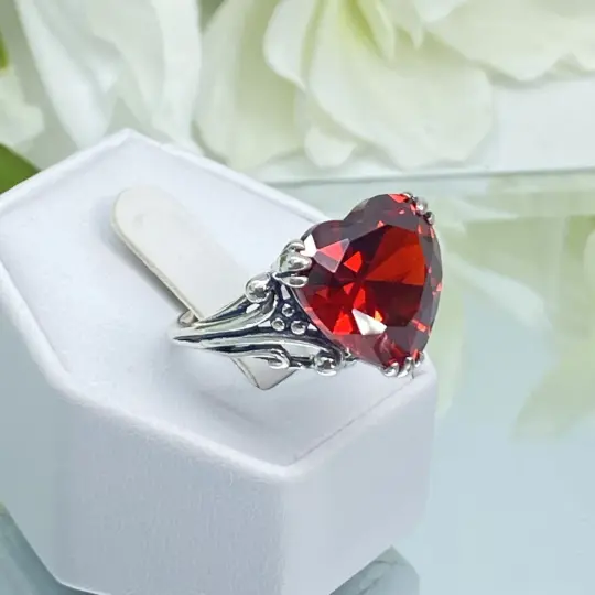 Heart Ring, Size 6.5, Red Garnet CZ, Art Deco Jewelry #D213 - Ready to Ship