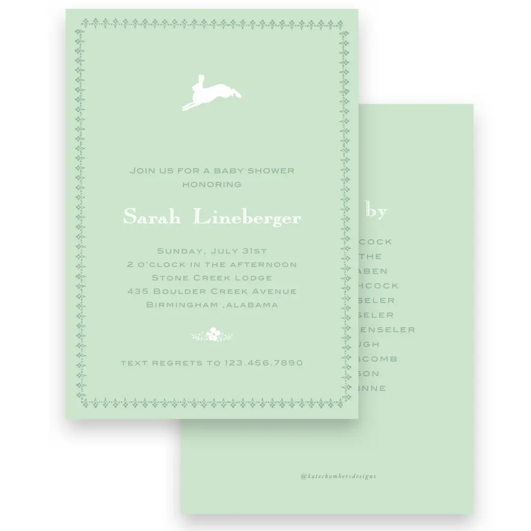 Green Leaping Bunny Baby Shower Invitation