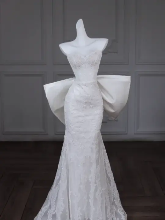 White tube top waist bow design slim hip long dress bridal dress R5776
