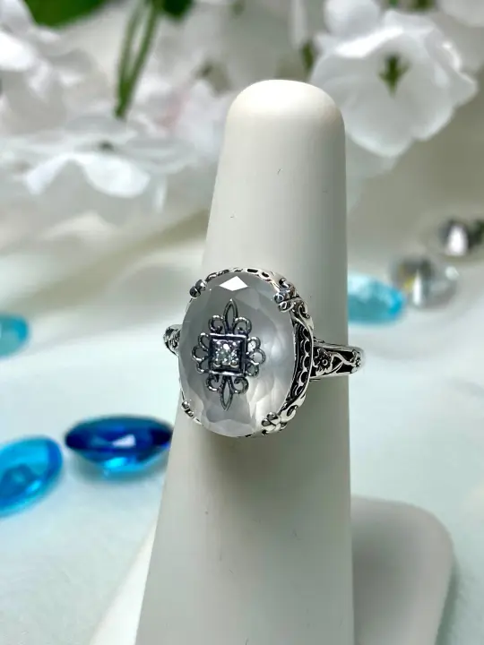 Camphor Glass Ring, Sterling Silver Embellishment, Edwardian Jewelry #D70e