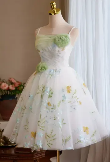 Fresh White Floral A-Line Spaghetti Straps Applique Corset Mini Evening Dress Homecoming Dress RS580