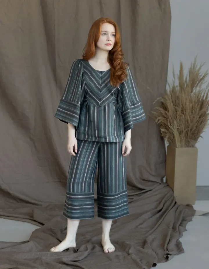 Pantalon  'Adelina' en lin rayé châtaigne