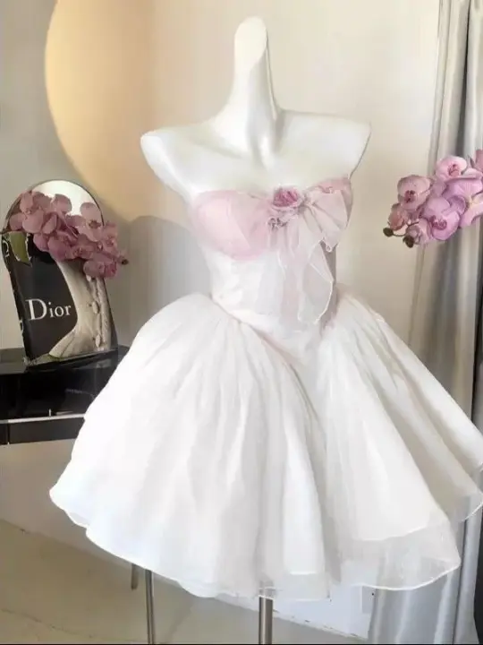 Pink tube top waist slim fit puffy skirt princess short skirt homecoming dress R3939
