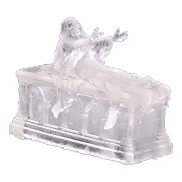 Unpainted 28mm 3D-printed screaming shrouded ghost countess miniature rising from a gothic arcaded stone tomb with arms outstretched in clear resin, tabletop RPG miniature for D&D, Pathfinder & wargaming