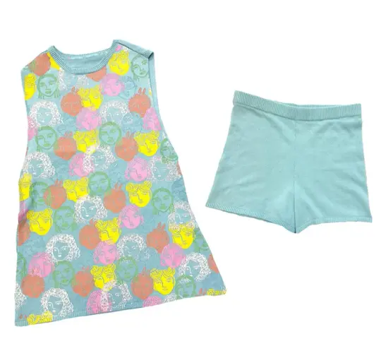 Brenda Knit Two-Piece Set- Light Blue Floral | Retro Knit 60's midi dress with shorts