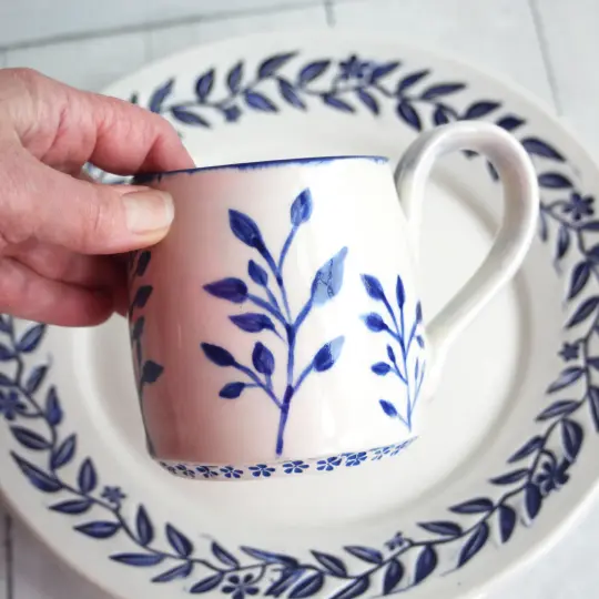 Blue and White Floral Pottery Mug, Handcrafted in USA 12 oz.