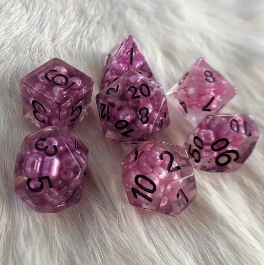 Enchantress Pearl Dice Set – Clear Resin with Purple Pearl Beads & Dark Violet Font