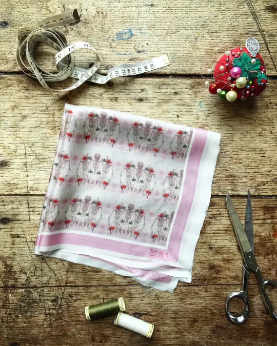 PINK SKELETONS - 100% SILK TWILL POCKET SQUARE WITH HAND ROLLED EDGES