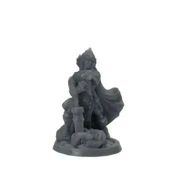 Unpainted 32mm 3D-printed armoured female knight in a crested helm with her sword grounded point-down — tabletop RPG miniature for D&D, Pathfinder & wargaming