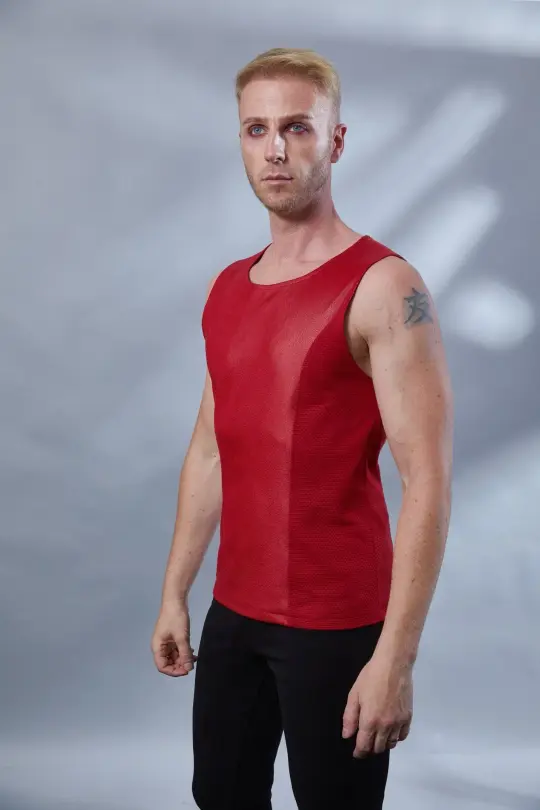 ST-L-6 Red faux leather sleeveless shirt