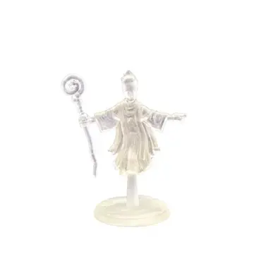 Unpainted 28mm 3D-printed ghost bishop in a mitre with a crozier raised and arms spread wide, front view, tabletop RPG miniature for D&D, Pathfinder & wargaming