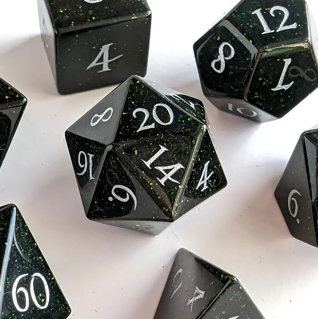 Green Goldstone Dice Set | Real Gemstone DnD Dice with Silver Numbers