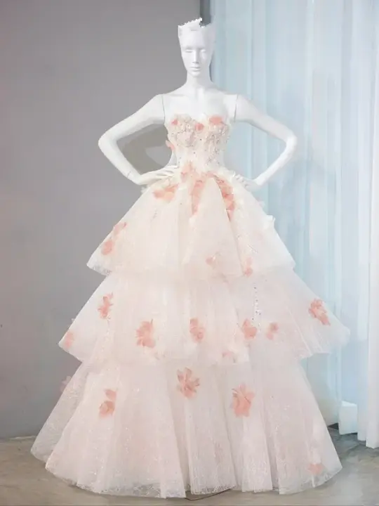 Light pink strapless, fitted waist, full-skirted ball gown, bridal dress R9025