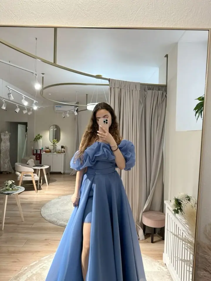 Elegant High-slit Pleated Women's Prom Gown Dusty Blue Waist Fitted Maxi Evening Dress Birthday Dress — Fall Outfit 2026 New  RS3435