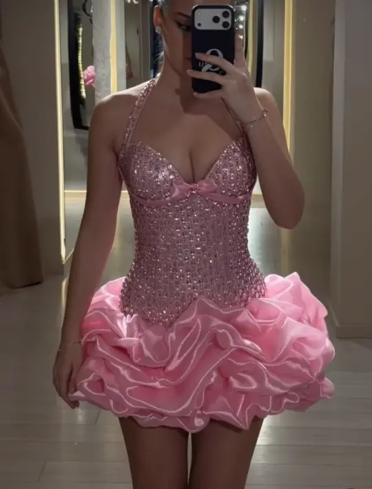 Sequins Pleated Women's Homecoming Dress Pink Corset Short Prom Dress Party Dress RS2490