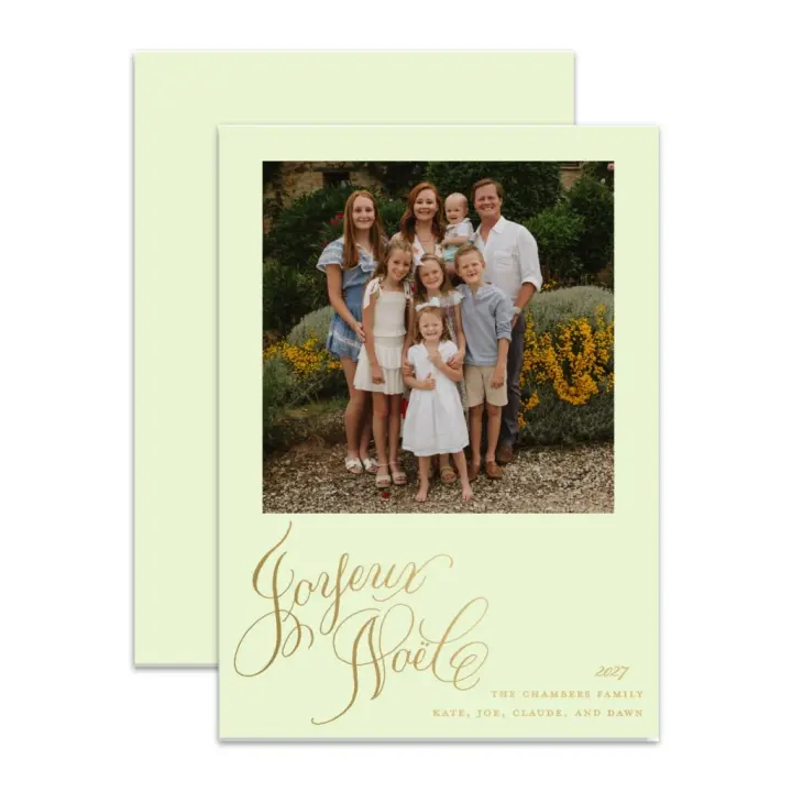 "Joyeux Noel" Portrait Green with Gold Foil Printed Photo Attached Holiday Card