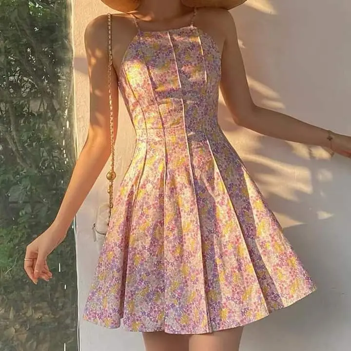 Pink and purple floral suspenders waist slimming A-line short skirt homecoming dress R3291