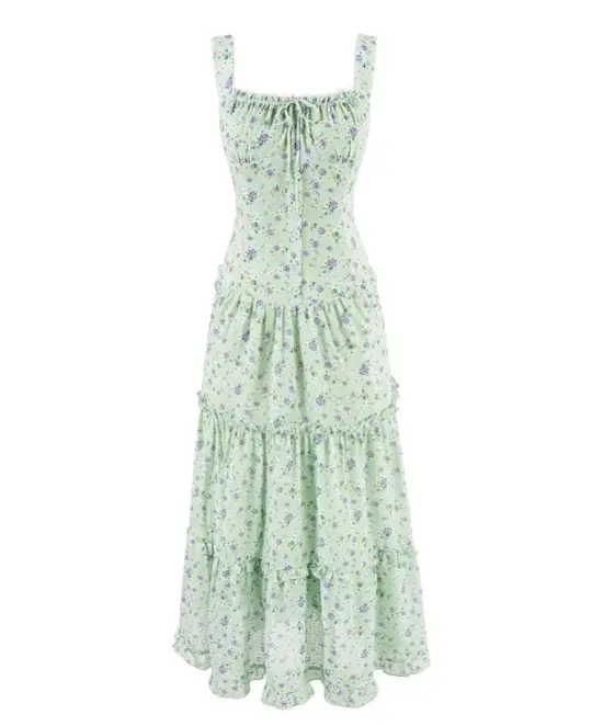 French green floral sling dress 2025 new holiday temperament cake dress R2582