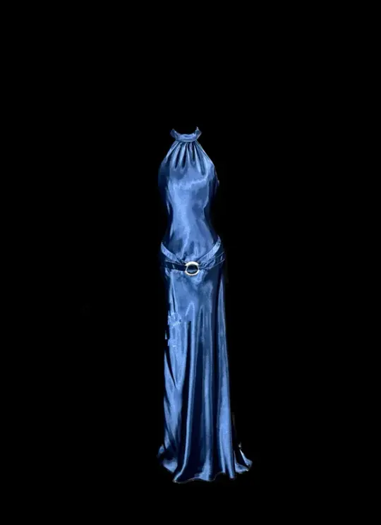 Blue halter-neck, fitted waist, slimming silhouette, revealing hips, sexy long ball gown R6674