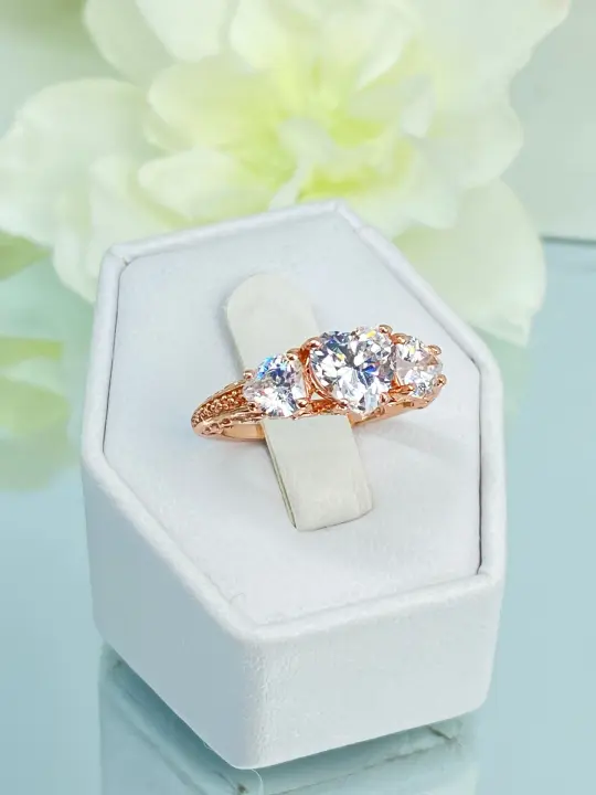 3 Hearts Ring, White CZ Gemstones, Size 6 Rose Gold plated Vintage Jewelry Design#D143 - Ready to Ship