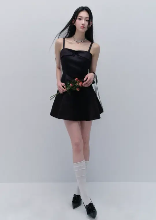 Black Satin Spaghetti Strap Mini Dress With Bow Detail And Flared Skirt R9436
