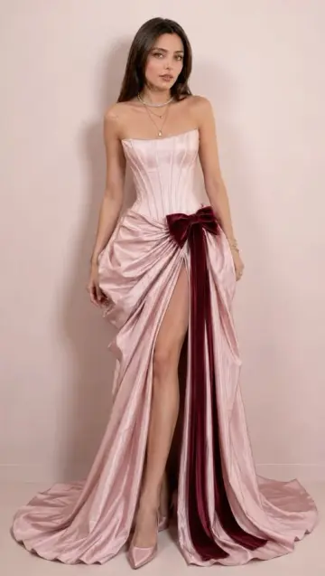 Silky Satin High-slit Bodycon Prom Gown ,Gentle Pink Maxi Princess Evening Dress Birthday Dress RS1993