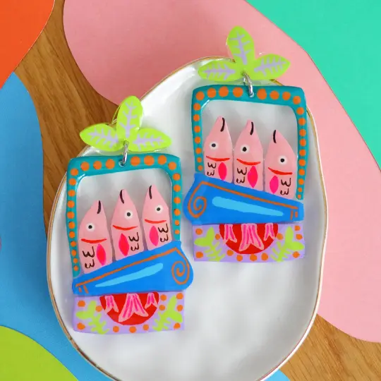 Colorful Pink Sardine Tin Fish Earrings in Blue and Green