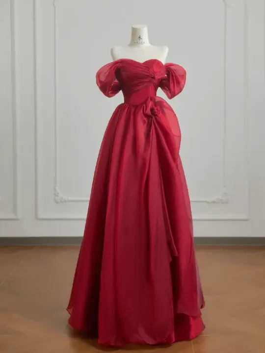 Red off-the-shoulder fitted waist ball gown with a full skirt R8215
