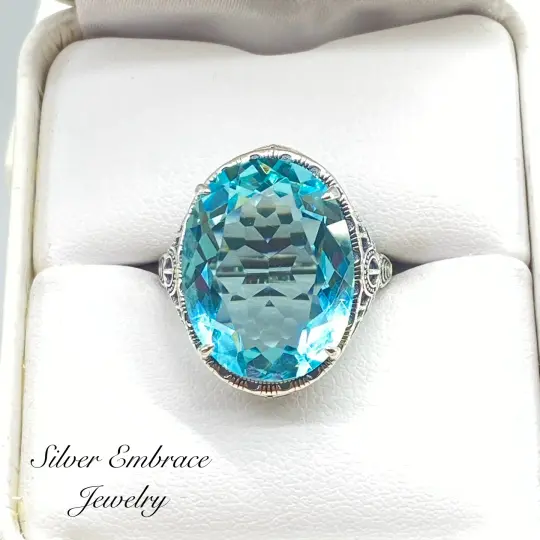 Aquamarine Ring, Persian Design, Art Deco Vintage Revival Jewelry #D230