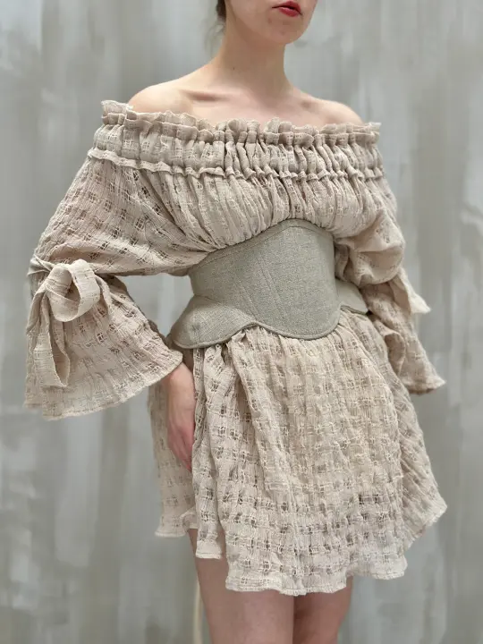 Paperbag Tunic in Linen Cotton Open Weave (Ecru)